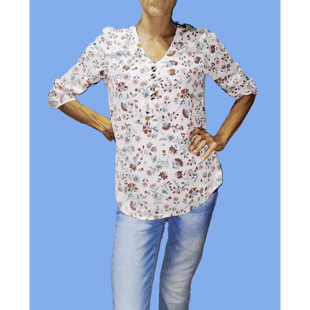 Blush Pink Floral Boho Button Up Blouse ~ Medium ~ Hi-Lo Hem from Maurices